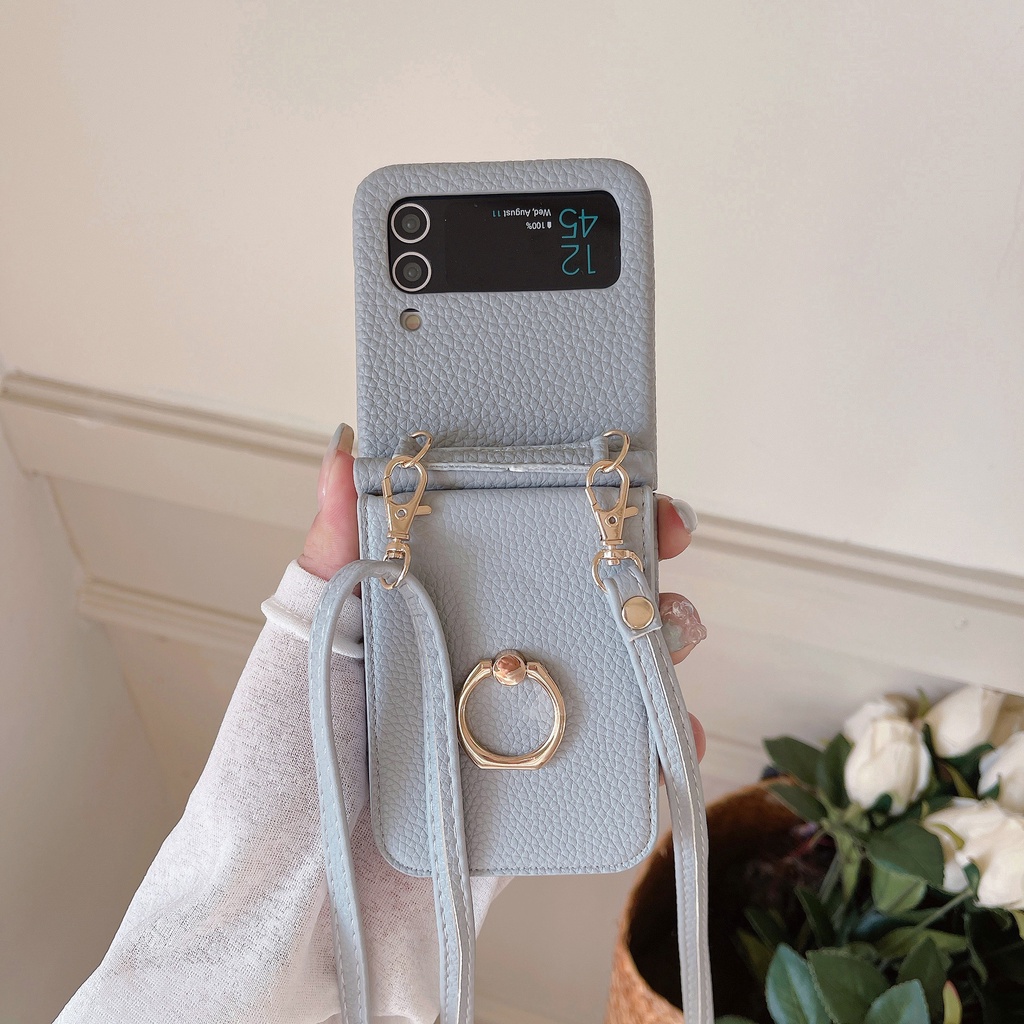SAMSUNG 皮革斜挎掛繩肩帶手機殼適用於三星 Galaxy Z Flip 5 4 3 Flip5 Flip4 Fli