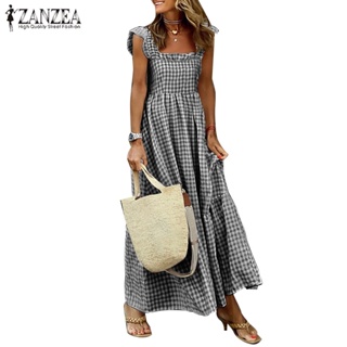 Zanzea 女式複古休閒方領無袖格子荷葉邊連衣裙