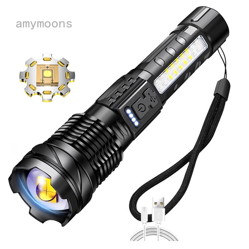 Amymoons 強光手電筒 usb充電戶外照明手電 30W白雷射手電筒 帶COB工作燈