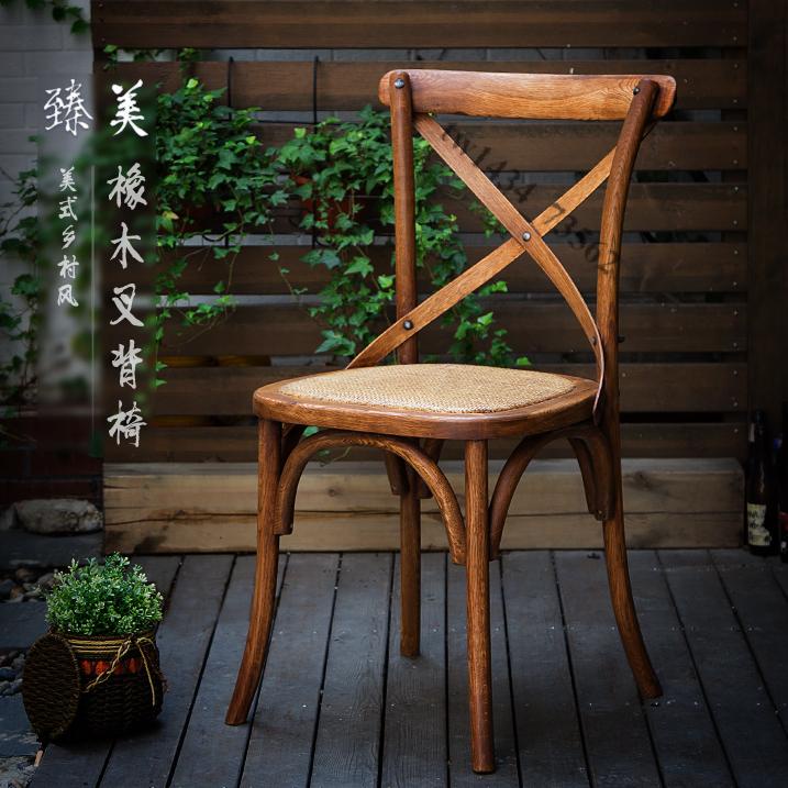 【廠家直銷】免運 美式鄉村實木餐椅復古椅子靠背椅簡約背叉椅木頭凳藤椅法式橡木椅