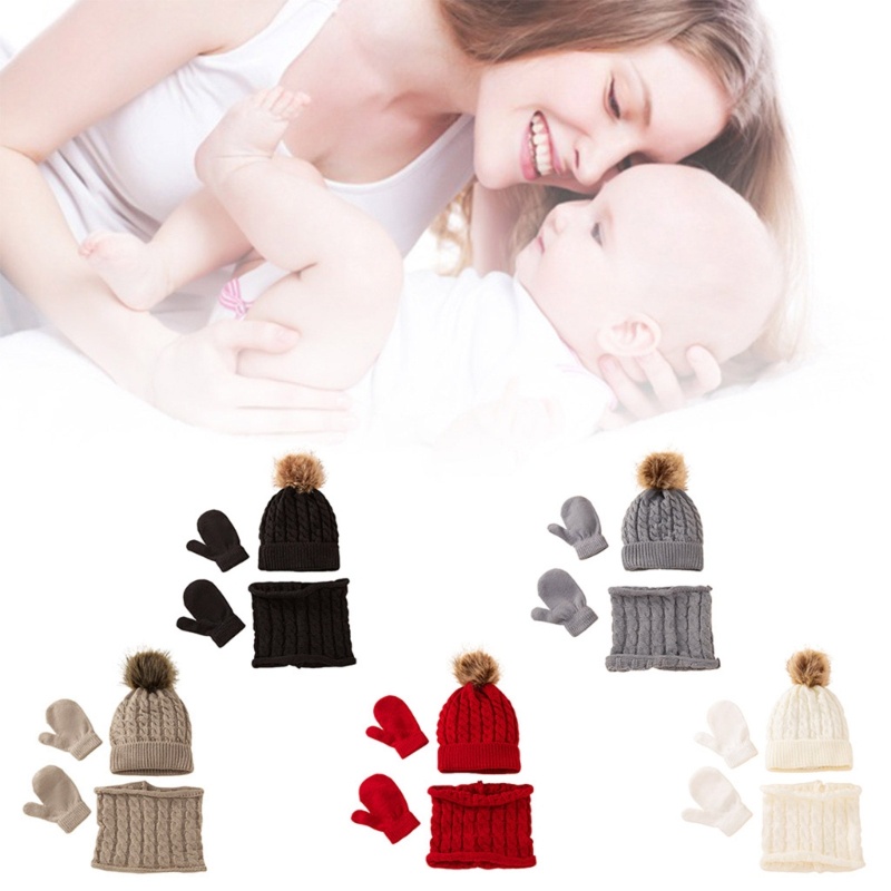 瑪麗冬季保暖嬰兒純色帽子手套圍巾套裝毛皮豆豆帽子連指手套圍巾套裝適合幼兒女孩男孩針織