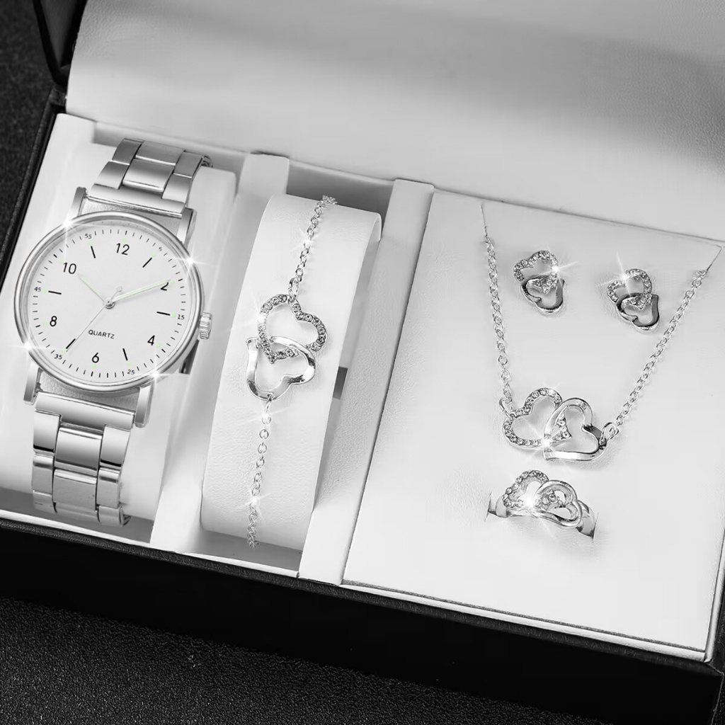 【手錶+配飾】女士鋼帶手錶超薄石英手錶套裝情人節禮物