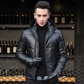 2025爆款綿羊皮男裝冬真皮短款夾克連帽真皮羽絨服男士皮衣 男外套 冬季外套 大衣 防風外套 防寒外套 皮衣外套保暖