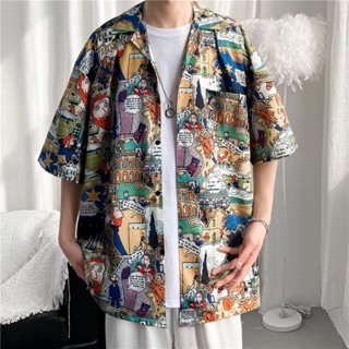 歐美復古油畫印花夏威夷短袖花襯衫男夏季潮流寬鬆休閒情侶海邊五分袖襯衫
