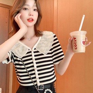 【ELLAS】條紋上衣 時尚氣質蕾絲拼接短袖襯衫女 新款 百搭 洋氣 娃娃領上衣