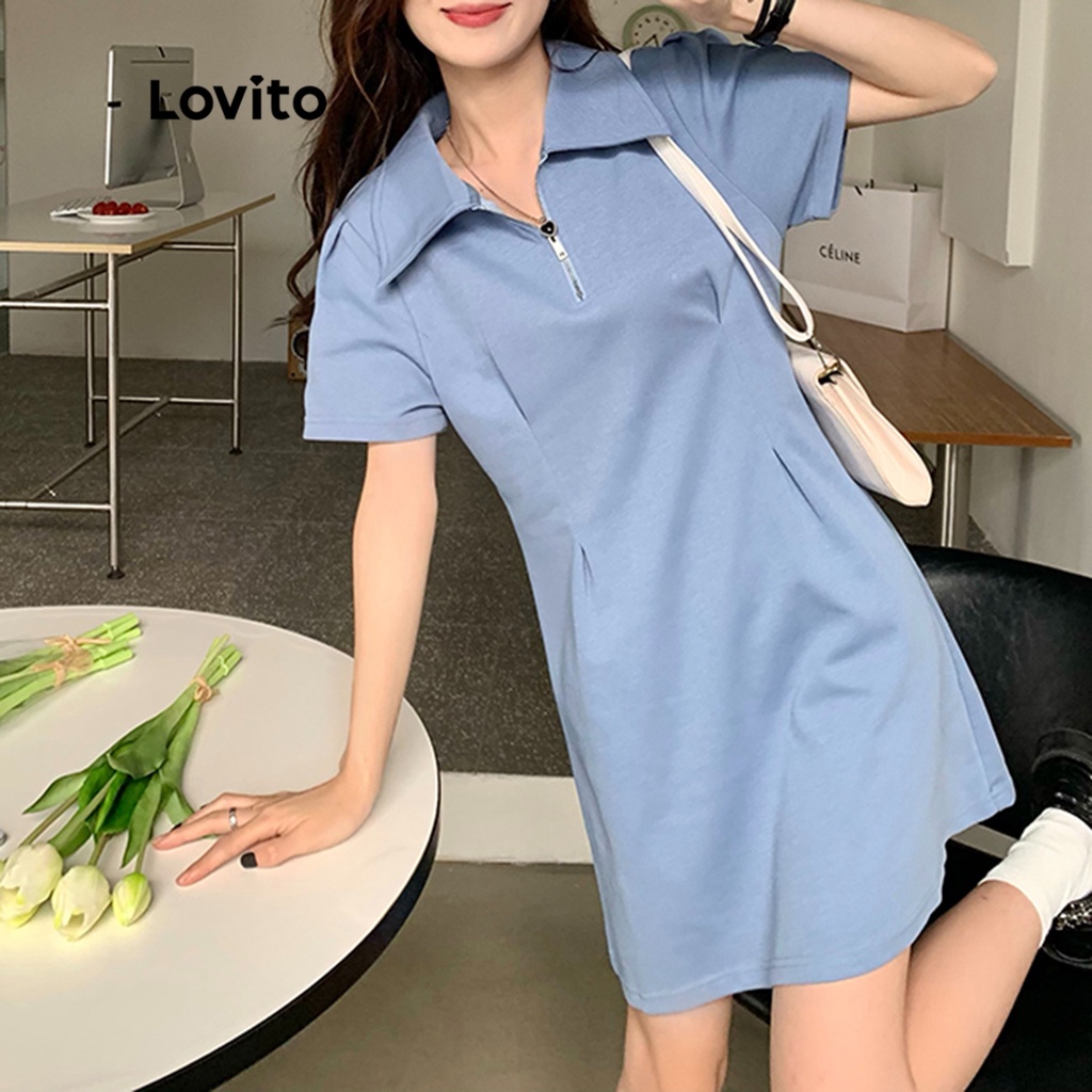 Lovito 女式休閒素色拉鍊短袖洋装 LNE12027 (藍色)