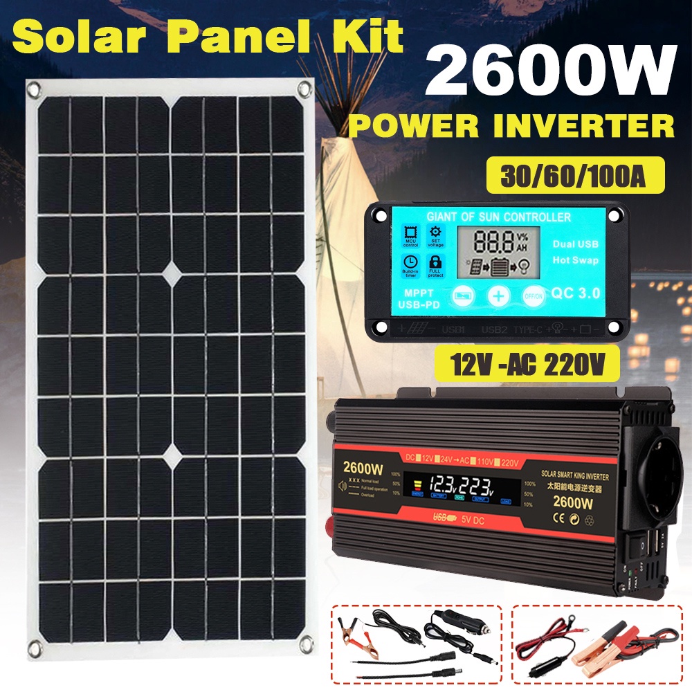 太陽能發電系統 2000W/2600W 電源逆變器 12V-220V 雙 USB 車載太陽能電池板,帶 100A 充電控
