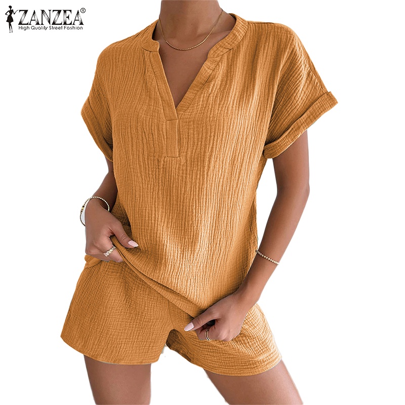 Zanzea 女士夏季休閒寬鬆純色短袖上衣+短褲套裝