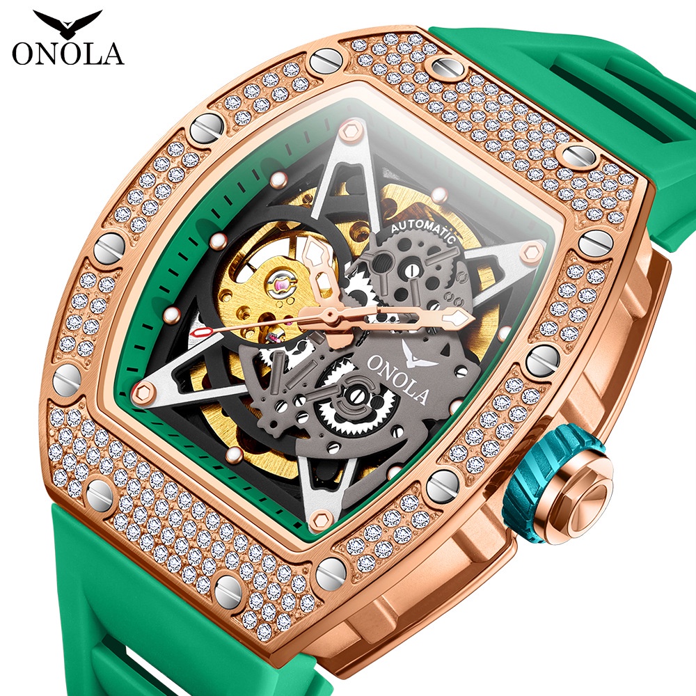 【現貨】ONOLA 3838D 時尚 運動 滿鑽 2023年新款 全自動 機械手錶 男士 矽膠帶 防水 男士手錶