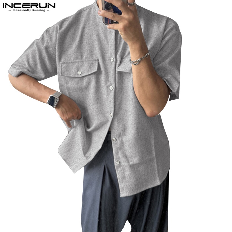 Incerun 男士韓版混色梭織圓領短袖襯衫