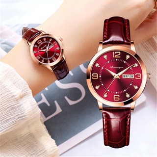 原裝品牌高檔防水夜光皮帶紅色女士手錶石英錶學生手錶帶鑽女表