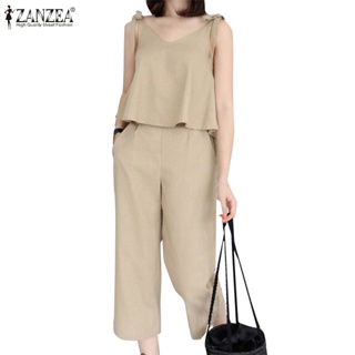 Zanzea 女式韓版休閒寬鬆無袖 V 領襯衫 + 鬆緊腰褲套裝