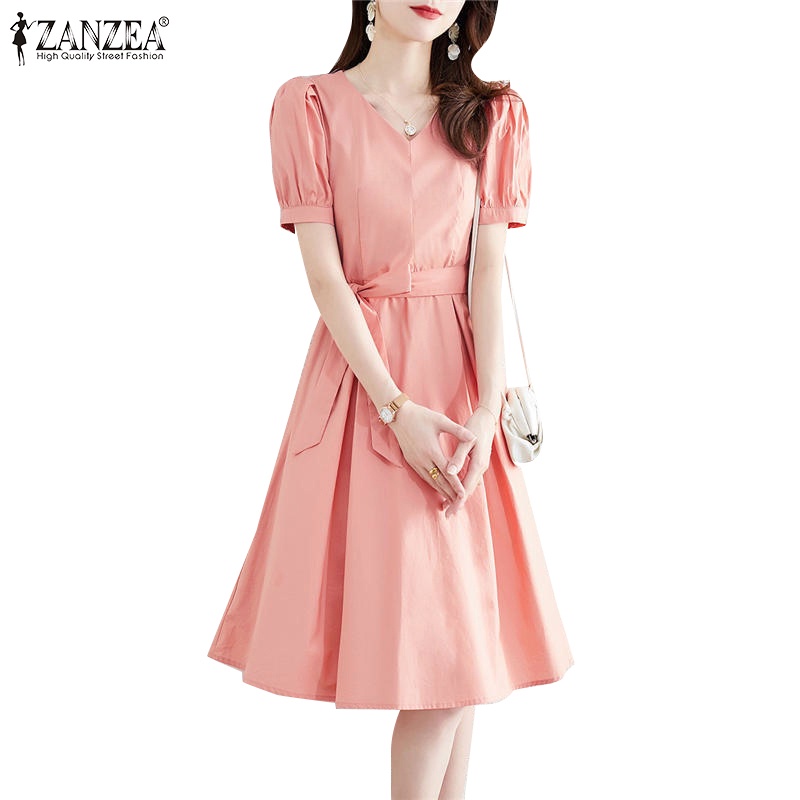 Zanzea 女式韓版時尚短袖純色 V 領拼接簡約連衣裙