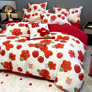 甜蜜婚禮喜慶數碼印花紅色花朵床包組 超柔水洗棉床包四件組 雙人/加大雙人床包 床罩組 床單組 被套枕頭套 大紅色床包組