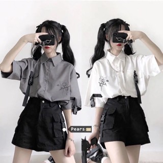 小鹿女裝📣單/套裝Polo領寬松短袖印花襯衫+闊腿工裝短褲BF風夏季套裝女學生