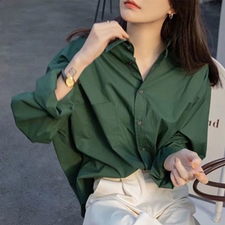 新款墨綠色襯衫女春秋復古港味法式小眾素色襯衫上衣