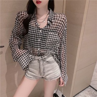 【JODIES】POLO領格子雪紡襯衫女 夏季新款寬鬆顯瘦千鳥格襯衫 長袖薄款防曬空調衫 韓版洋氣長袖上衣 女生雪紡衫