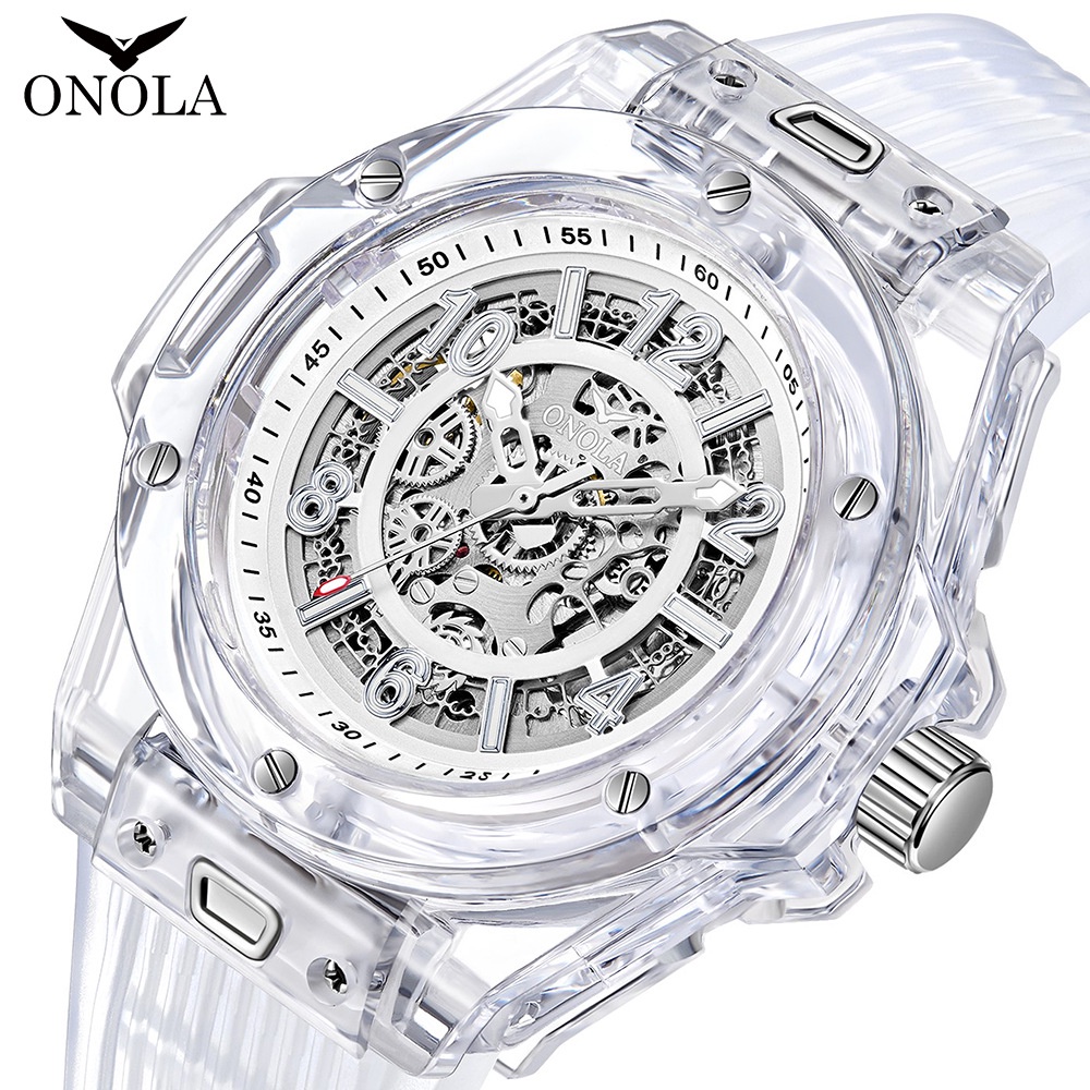 【現貨】ONOLA 3836 潮流 休閒 2023年新款 鏤空 全自動 機械手錶 男士 防水 透明殼 膠帶表 男