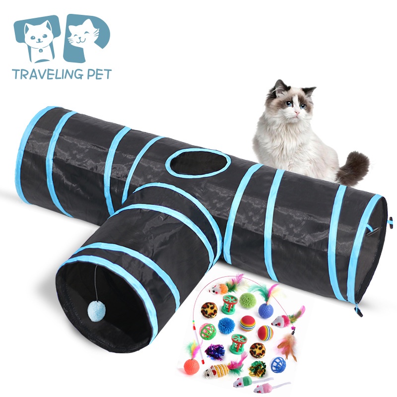 新款寵物貓隧道逗貓貓咪玩具貓洞窩t型可摺疊三通爬行通道貓跑道