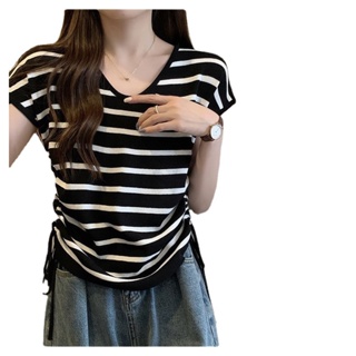 蔓莎💞2023夏季新款抽繩系帶設計感修身別緻短款上衣女夏季新款冰絲撞色條紋短袖T恤