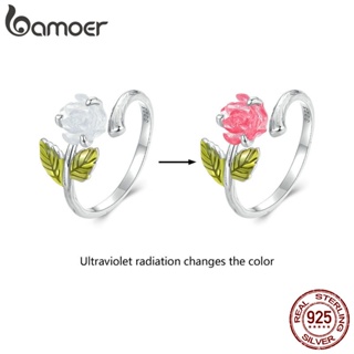 Bamoer 925 純銀水晶玫瑰開口戒指可調節時尚首飾女士禮物