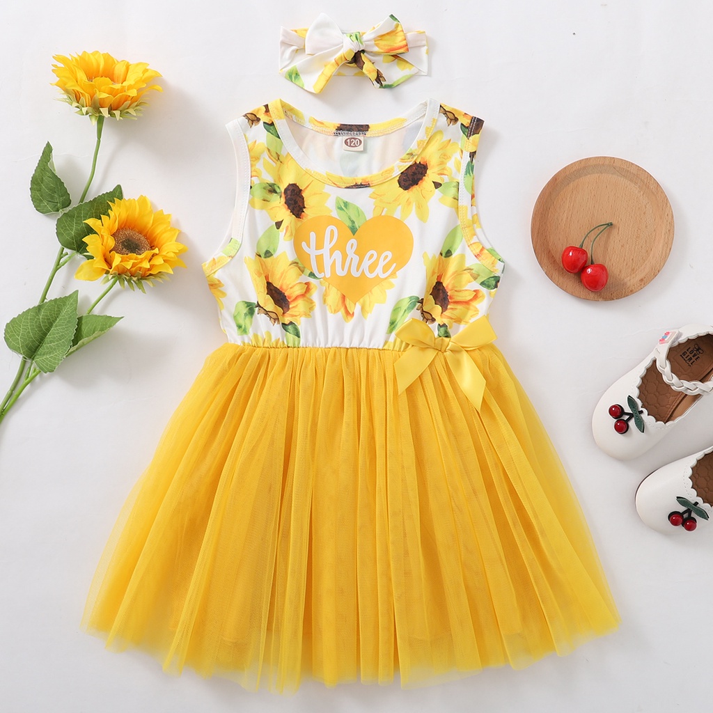 1-4 歲幼兒女孩公主裙/黃色向日葵無袖網紗裙+頭飾/生日派對裝