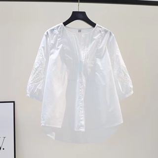 白色短袖襯衫 夏季鏤空寬鬆襯衫 時尚洋氣休閒上衣