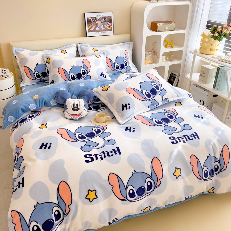 💕小魚💕 迪士尼雙麵加厚牛奶絨床包四件組 床單 史迪奇床包組 單人/雙人床包 卡通床包 法蘭絨床包 被套+床包+枕套