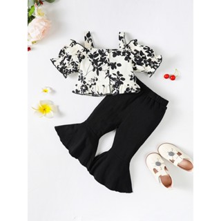 0-3歲兒童女寶寶2件套衣服碎花吊帶短袖上衣配黑色純色喇叭褲時尚日常夏裝派對拍照裝