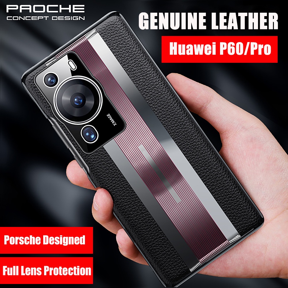 適用於華為 P60 Pro P60Pro 鱷魚紋電鍍方形硬手機套的原裝真皮保護套