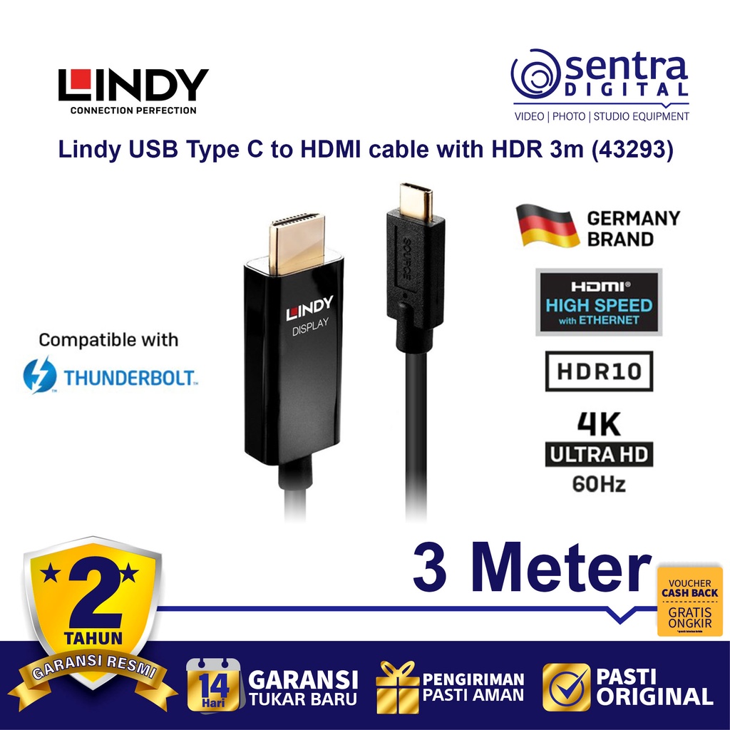 Lindy 43293 Type C Thunderbolt 轉 HDMI 4K 適配器電纜