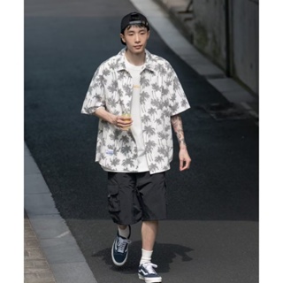 時尚流行款式韓國男士短袖襯衫印花大碼垂褶襯衫