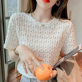 SY韓版短袖t恤女夏裝新款時尚休閒百搭寬松鏤空打底衫蕾絲上衣甜美小清新t恤甜美風日系穿搭上衣ins潮
