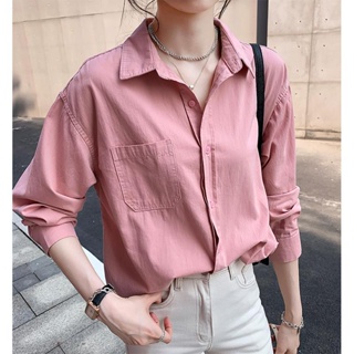 2023韓版疊穿長袖襯衫女 大尺碼休閒上衣 法式寬鬆復古設計感上衣 小眾簡約粉紅色打底襯衫