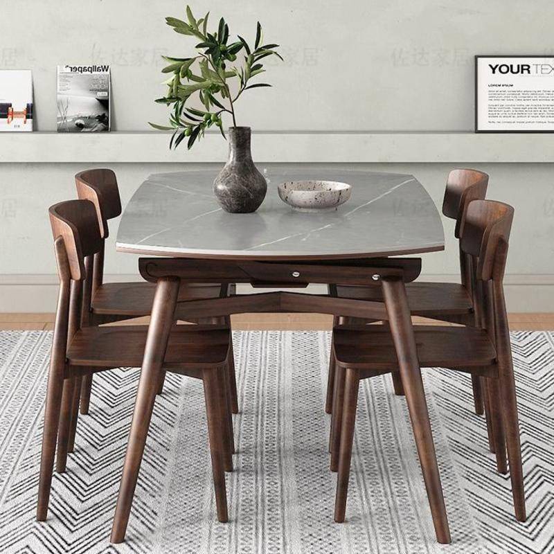 可伸縮 折疊 圓桌 現代 簡約 家用 小戶型 多功能 實木 輕奢 岩板 餐桌椅 組合
