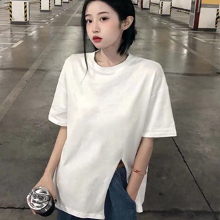 現貨 韓國100%純棉寬鬆開叉白色短袖T恤女 ins風夏季韓版新款設計感不規則下襬短袖上衣