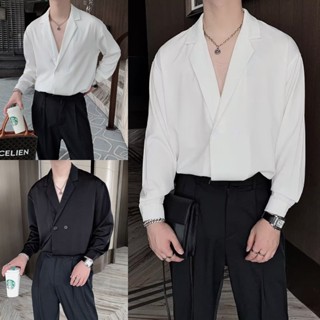 時尚寬鬆簡約休閒韓版白色長袖襯衫男