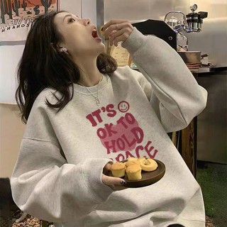 韓國大學T 圓領大學T 長袖衛衣女 oversize寬鬆垂墜感慵懶女生美式復古上衣刷毛加厚ins衣服