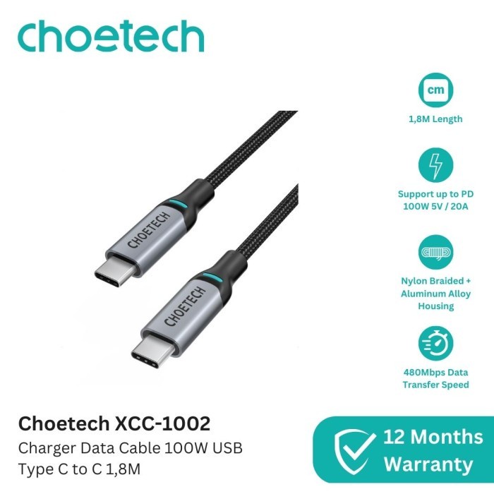 Choetech XCC-1002 充電器線 100W 5A PD USB C 型轉 C 1.8m 180CM