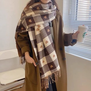 2023 new秋冬季仿羊絨女雙面愛心格子圍巾韓國流蘇保暖大披肩百搭加厚圍脖