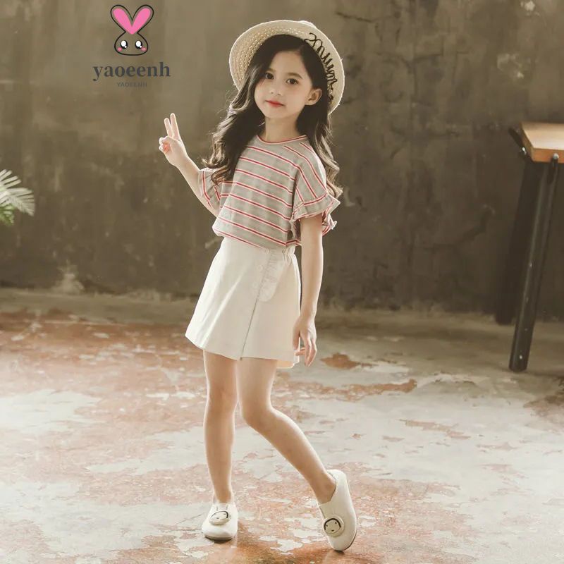 【YAOEENH】120-170CM 韓版女童休閒套裝 中大童洋氣條紋上衣短褲兩件套 現貨 快速出貨