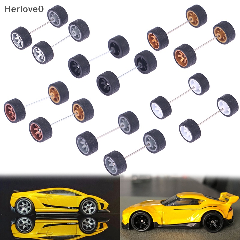 HOTWHEELS Herlove 1Set 1:64 汽車車輪風火輪橡膠輪胎帶輪軸模型汽車改裝零件 DIY 賽車玩具