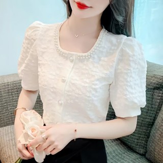SY法式上衣女方領別致釘珠短袖襯衫韓版修身顯瘦上衣提花小香風氣質襯衫泫雅風日系穿搭上衣ins潮