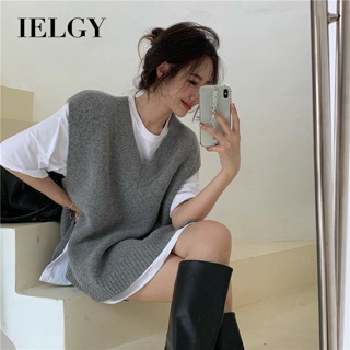 Ielgy v領針織新款秋季女背心寬鬆毛衣韓版頂級時尚無袖背心