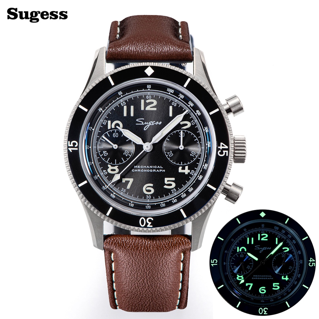 Sugess Pilot 手錶手風計時碼表機械手錶夜光鏤空男士手錶水晶藍寶石皮革全新 2022