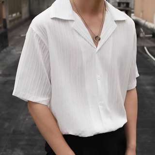 輕奢高級垂墜感潮流短袖襯衫 男裝夏季上衣韓國寬鬆短袖免燙襯衫
