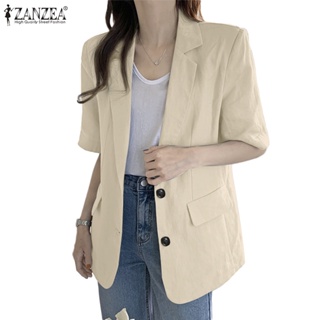 Zanzea 女式韓版時尚翻領短袖鈕扣假口袋西裝外套
