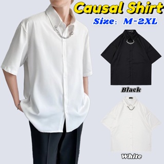 新款黑色鏈條男士襯衫韓版夏季薄款寬鬆高筒襯衫