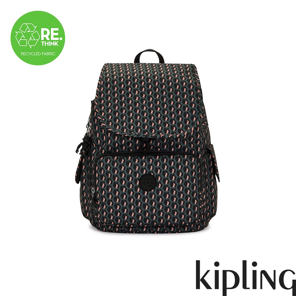 【TEST舊品】Kipling『猴子包』立體K字母撞粉色拉鍊掀蓋後背包-CITY PACK