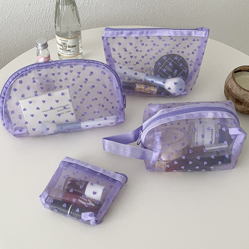 植絨愛心紫色網紗化妝包多功能透氣透明可視收納包口紅包